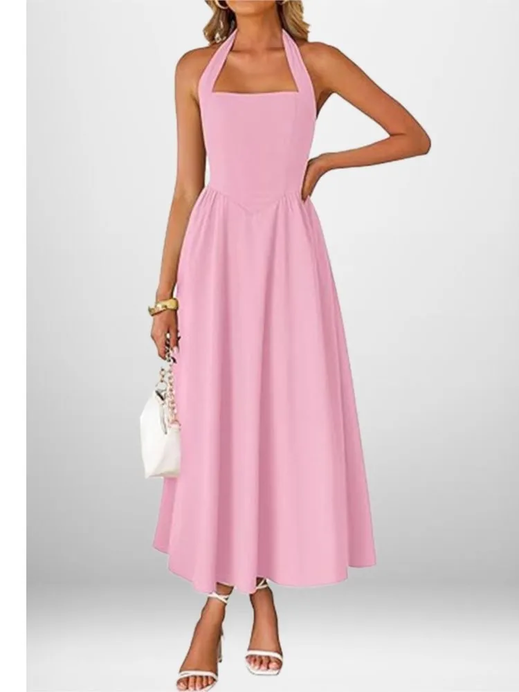 

Hot Selling Fashion Dresses Women's Long Elegant Solid Color Halter Sleeveless Robe Party Nightclub Business Dating Vestidos