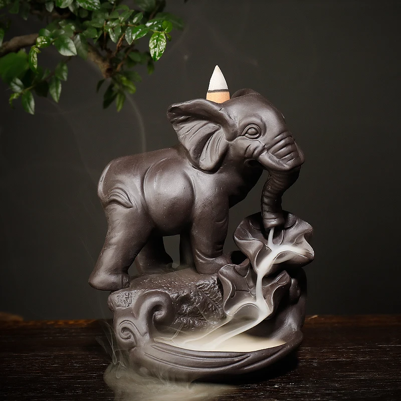 Backflow Incense Elephant God Emblem Auspicious and Success Ceramic Cone Censer Home Decor with 10Pcs Cones