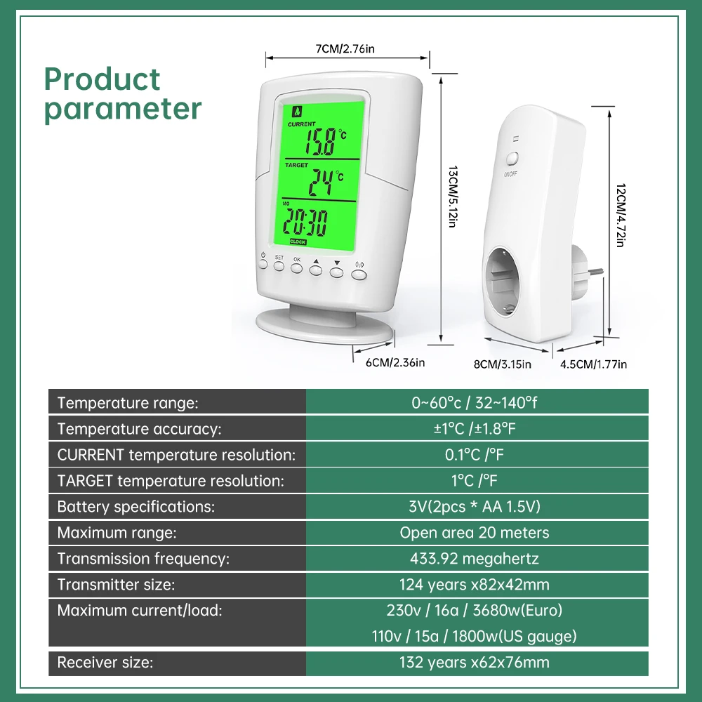 Wireless Thermostat Household Intelligent Socket Programmable Digital Temperature Controller Backlight LCD Heating Cooling Mode