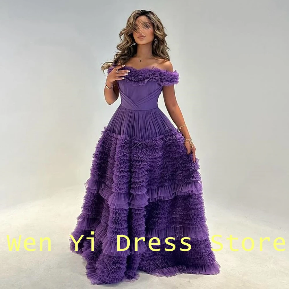 Elegant and Fashion Tiered A-Line Tulle Sweep Train Bespoke Occasion Gowns Floor Length Strapless Off the Shoulder Sleeveless