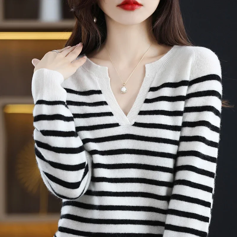 Women's Sweater Autumn Korean Fashion Striped Sweatshirt V-neck Knit Pullover 100% Wool Sweater Loose Casual Long-sleeved Jumper