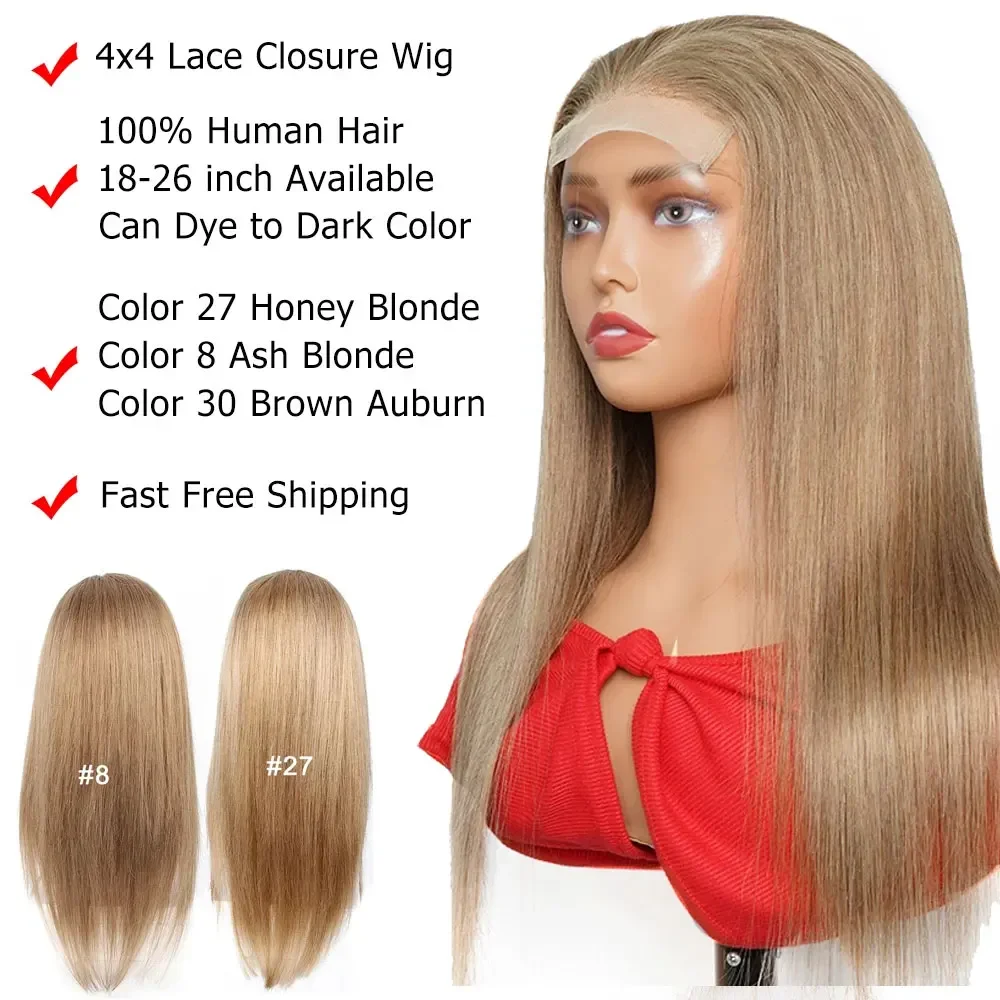 #8 Ash Blonde  Long Straight Wig Free Part Lace Front Closure Wig Remy Human Hair Wigs for Women Transparent Lace 200% Density