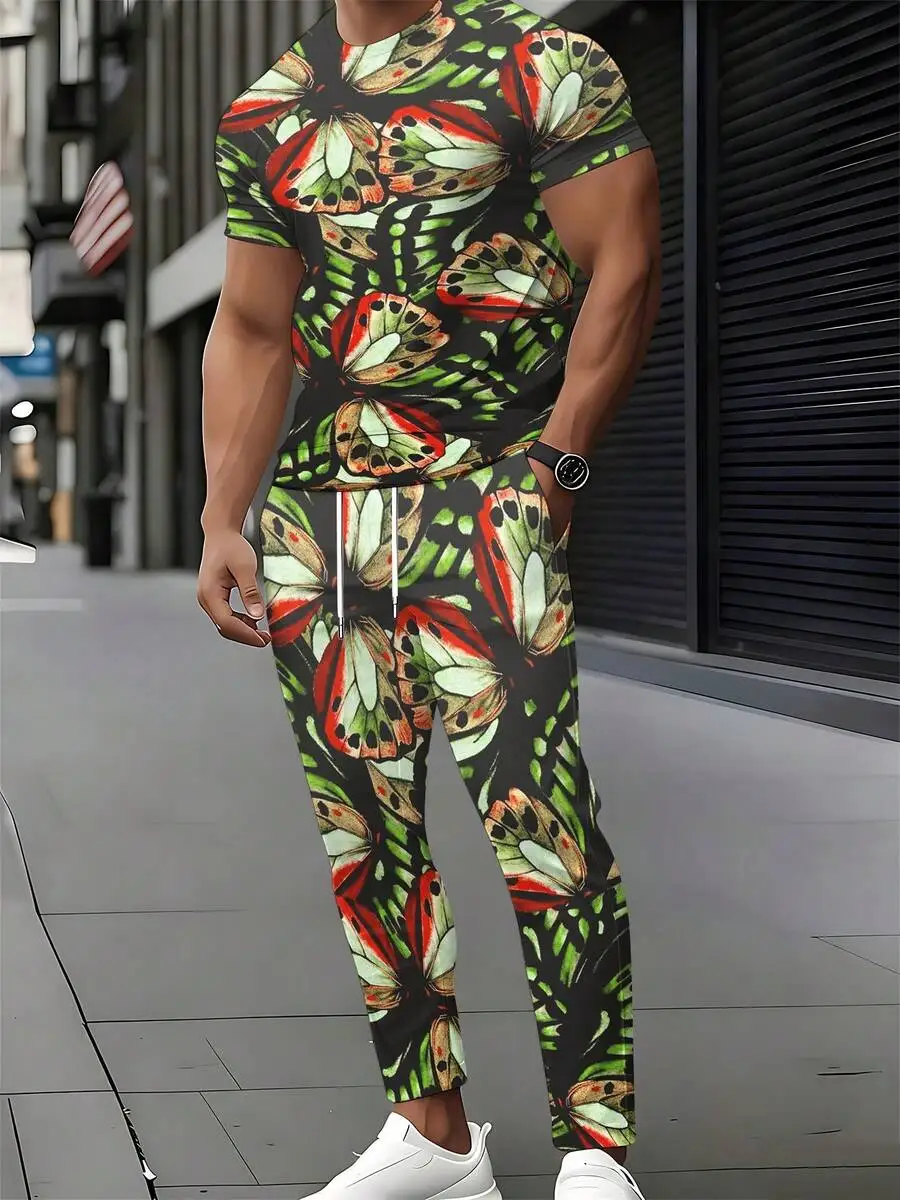 

Mens Two-Piece Casual Set: Short Sleeve Tee And Jogger Pants With Vibrant Butterfly, Green Leaf Print And Red Highlights