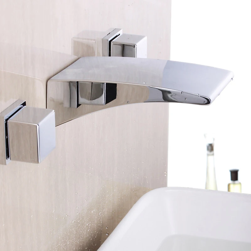 

Bathroom Sink Faucet Wall Mounted Waterfall Bath Filler Tap 3 Hole Two Handles Chrome Bathtub Faucets Lavatory Mixer Taps