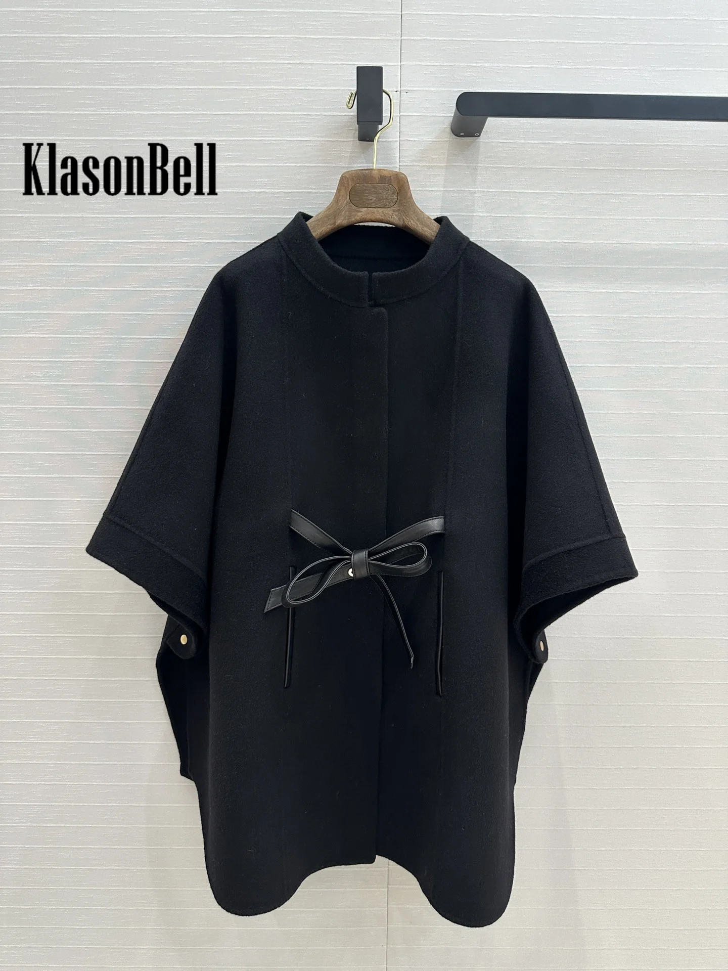 9.18 KlasonBell Women Genuine Leather Sashes Cashmere Capes Coat Covered Button Half Sleeve Loose Double-Sided Wool Coat