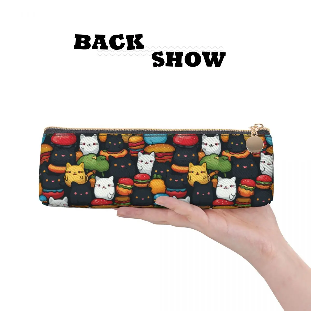 Cat Hamburger Leather Pencil Case kawaii lettuce Back to School Teenager Zipper Pencil Box Fashion Big Triangle Pen Bag