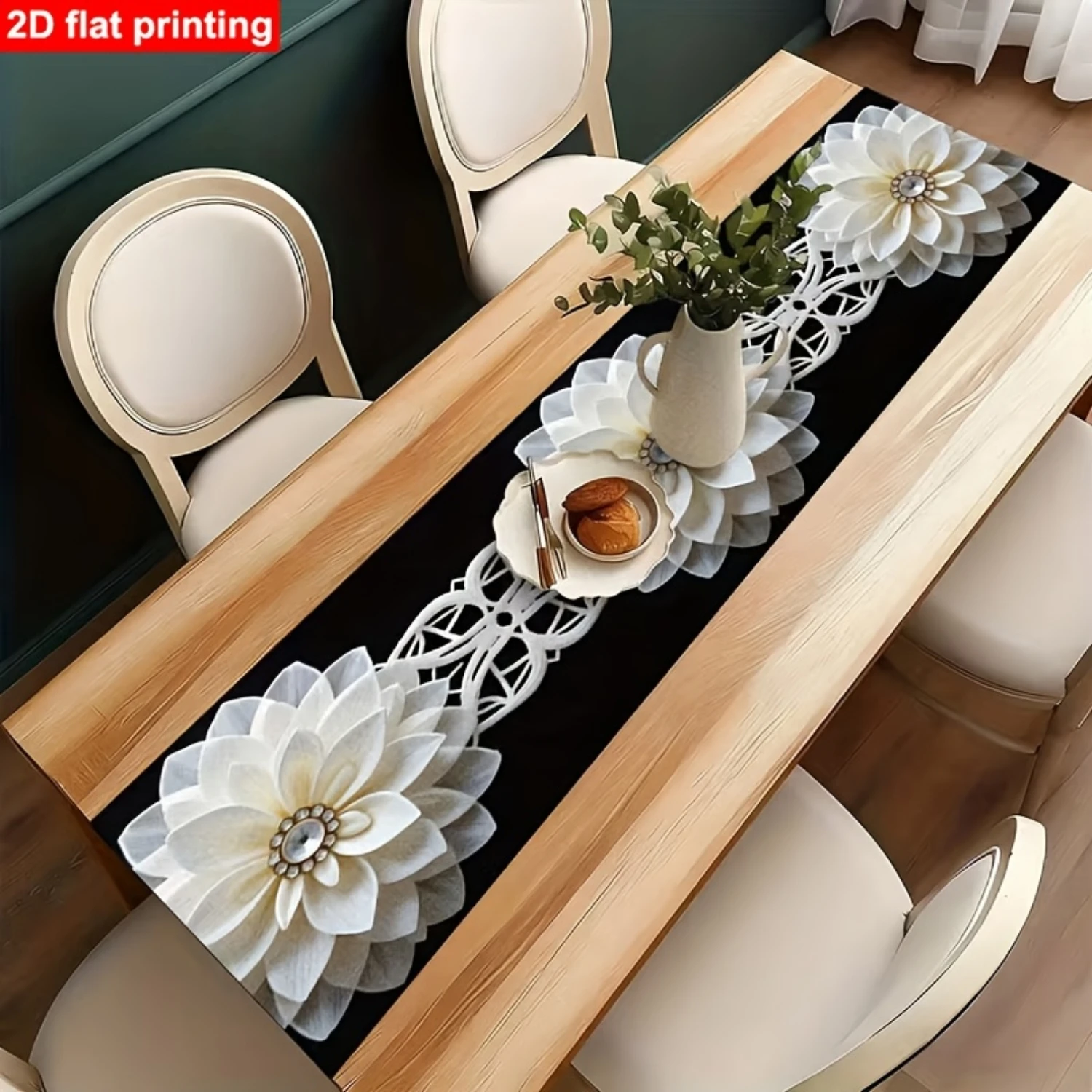 2026 Elegant White Flower Print Table Runner, Modern Floral Style Decorative Runner For Sideboards And Home Decor