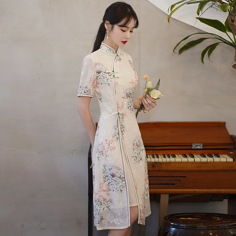 Retro Traditional Chinese Short Sleeve Cheongsam Clothing for Women Summer Modern Elegant Qipao Evening Dress