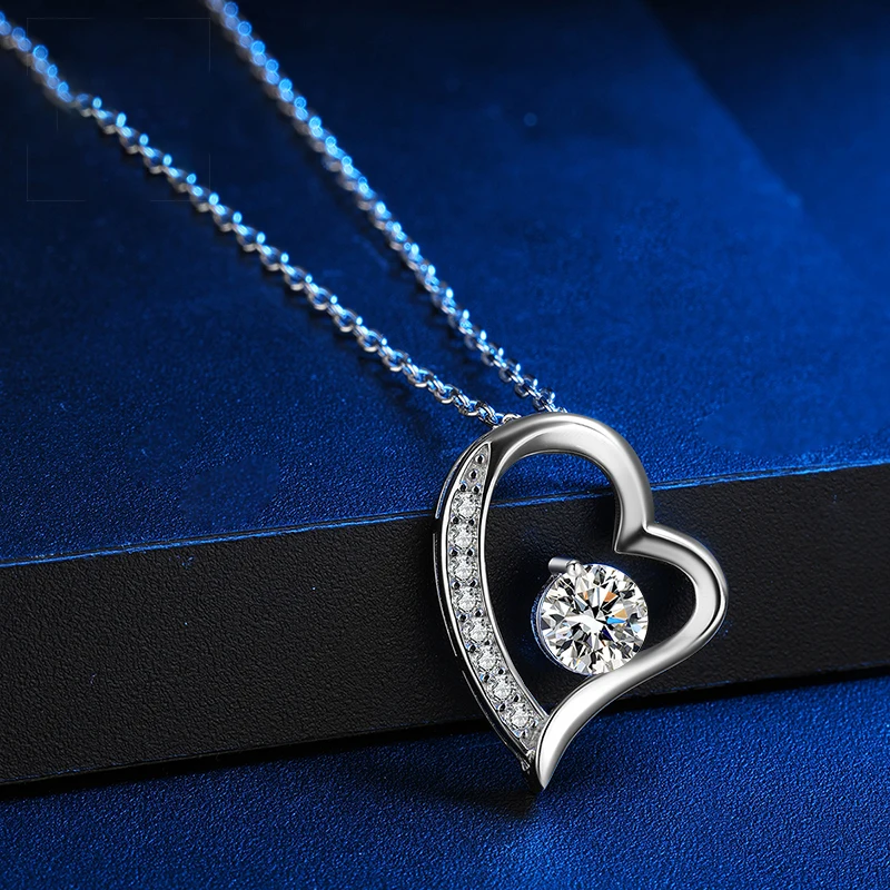 Temperament Classic Authentic S925 Silver Crooked Edge Heart-shaped Hollow Zircon Pendant Necklace for Women