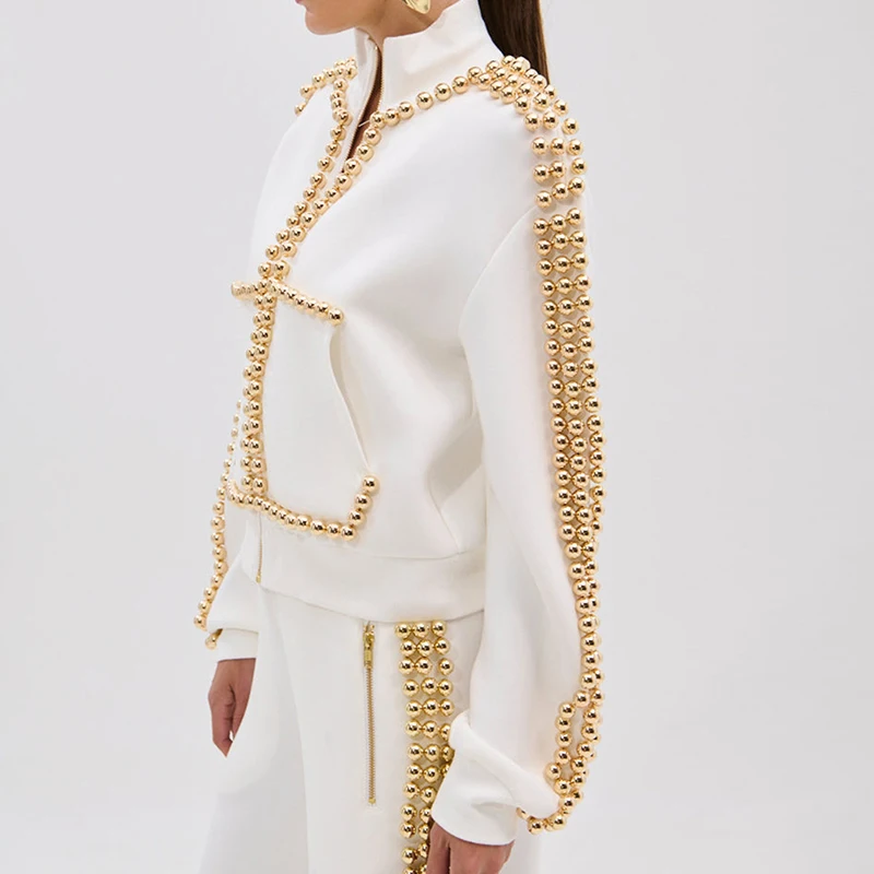 Women Fashion 2 Piece Outfit Sexy Gold Beaded Trim Zip Up Jacket and Wide Leg Pants Sets Elegant Casual Matching Tracksuit Suits