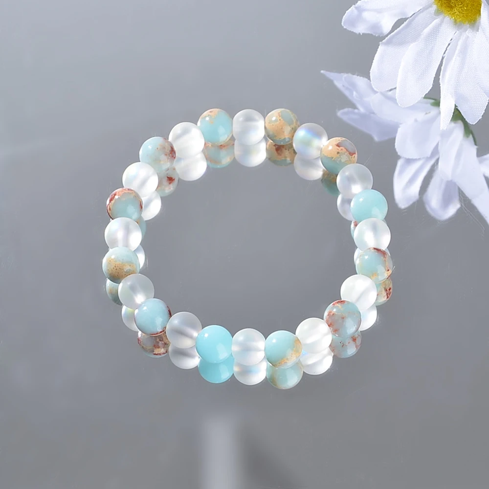 1 Piece Aura Quartz and Ocean Sediment Beaded Bracelet - Unisex - Homeopathic Crystal Jewelry - Brings Abundance - Prosperity