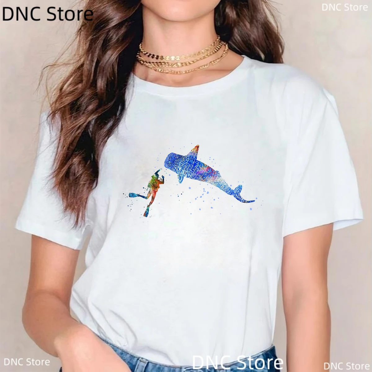 Scuba Diver, Blue Whale Shark, Scuba Couple Pattern Print T-Shirt Women Fashion Harajuku Shirt Summer Femme T Shirt White Tops