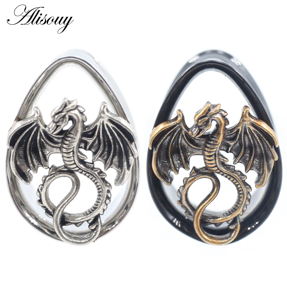 Alisouy 1PC 8-25mm Stainless Steel Water Drop Dinosaur Dragon Ear Tunnel Plugs Expanders Stretchers Gauges Piercing Body Jewelry