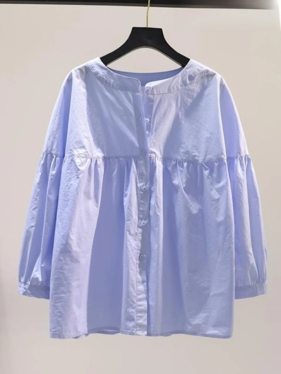 

Chic Cotton Nine-Quarter Sve irt Korean Sle Loose Fit Button Detail Pure Color round Ne Korean Faion Commute Sle