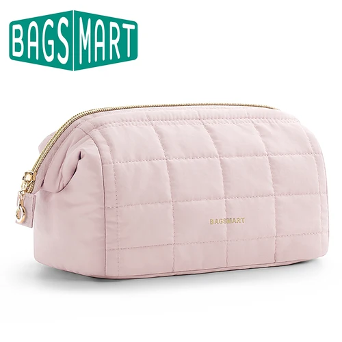 BAGSMART-Bolsa de maquillaje acolchada para mujer, estuche organizador de maquillaje, bolsa de aseo de gran apertura, artículos esenciales de viaje