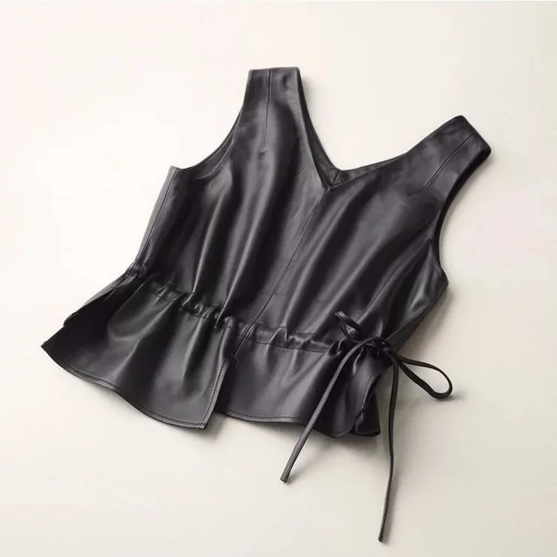 2024 New Sexy Leather Vest Women Coat V Neck A Line Slim Party Club Elegant Jacket Sleeveless Feminino Jackets for  J114