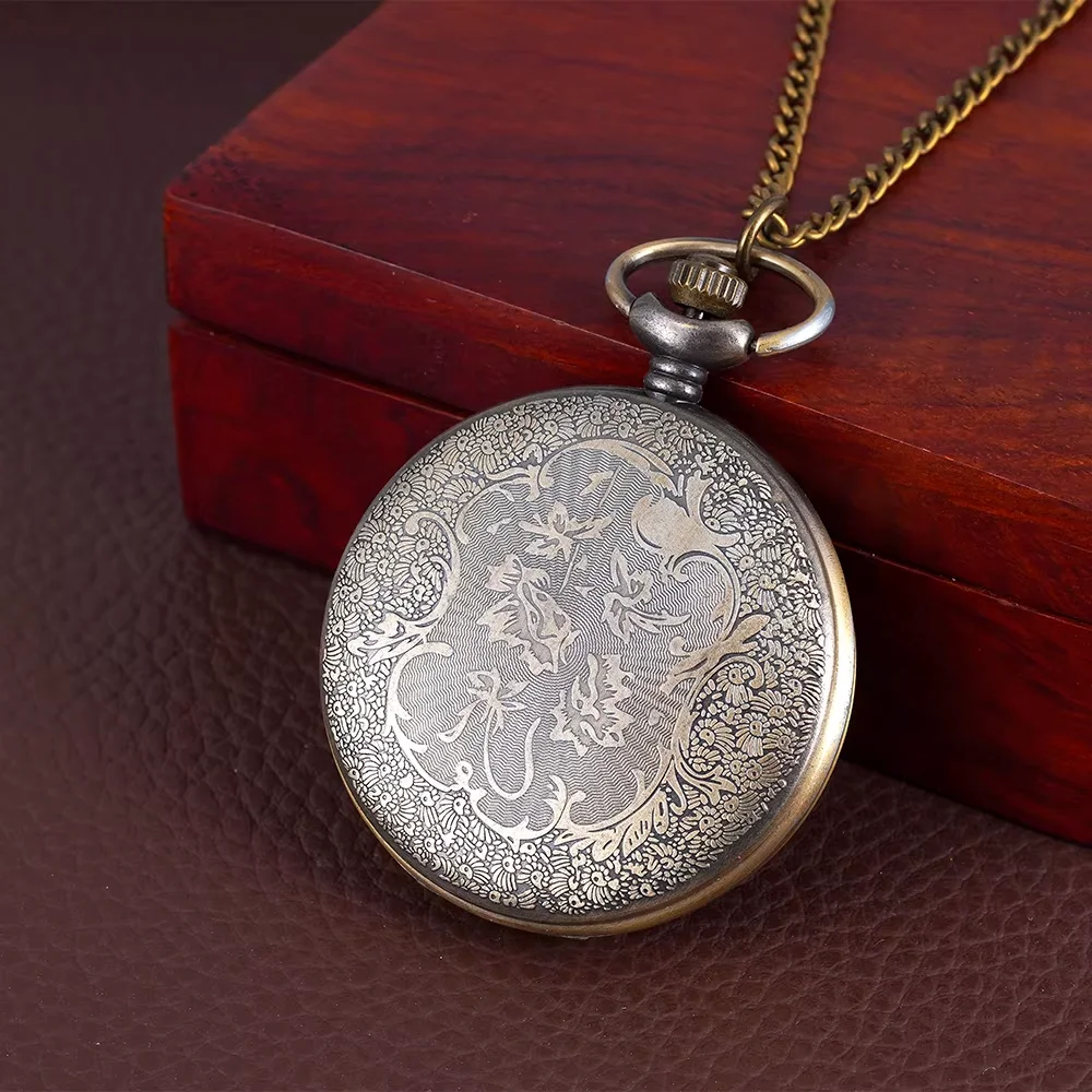 Flip lace carved clear glass pocket watch Large Roman scale bronze pocket watch thin chain