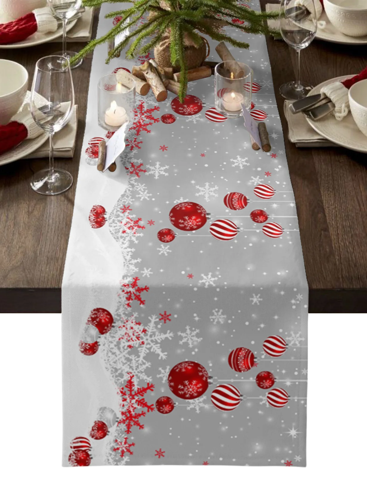 Christmas Red Christmas Ball Snowflakes Grey Table Runner Table Decor 2024 Home Tablecloth Xmas Ornament Navidad New Year Gift