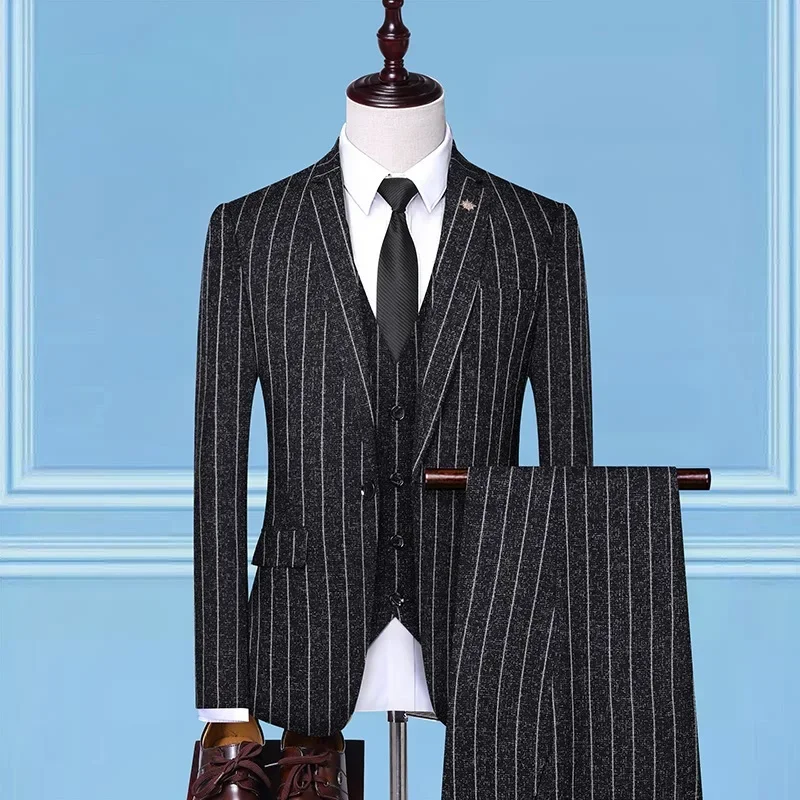 (84) Men\'s Striped Three-piece Suit, Slim Fit, Business Custom Dress Suit, Wedding Groomsmen Suit