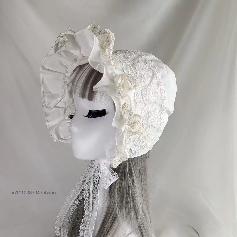 Vintage Victorian Lace Bonnet Hat Ruffled Floral Trim Prairie Rural Bonnet Hats Cute Pioneer Victoria Party Wedding Headdress