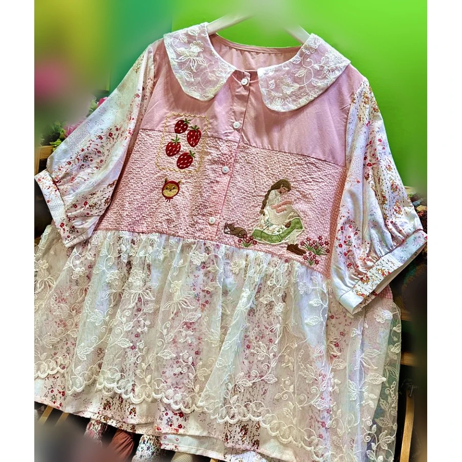 

Summer Vintage Cotton Lace Korean Sweet Cute Shirt for Women 2025 Goblincore Cottagecore Mori Girl Lolita Kawaii Rococo Blouse