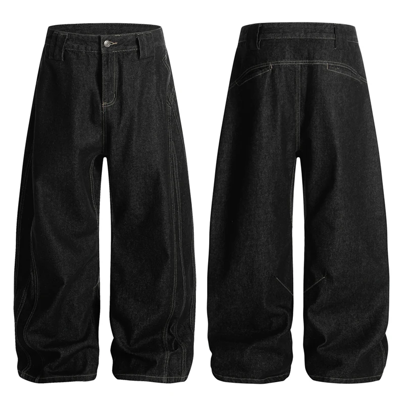 New Simple Men's Denim Pants Solid Color Line Wide Leg Curved Knife Trousers All-match Silhouette Male Jeans Tremdy