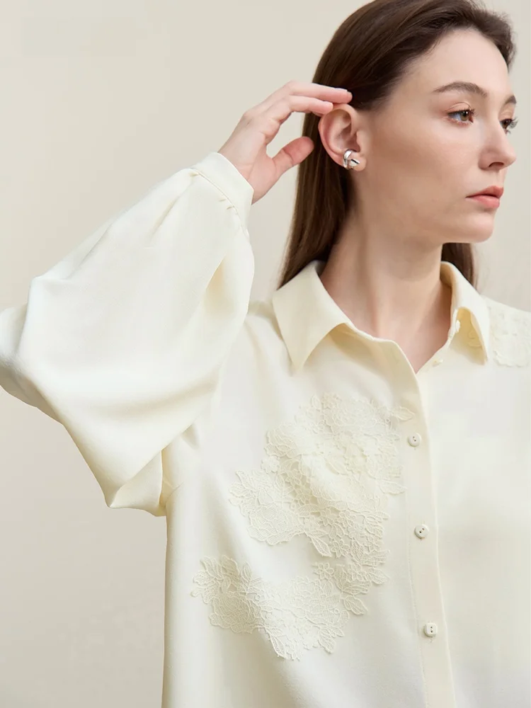 

Ele Commuter Sle Блузка с кружевной отделкой Женский свободный топ ручной работы с цветочным принтом из шифона на пуговицах Long Sve с растительным узором