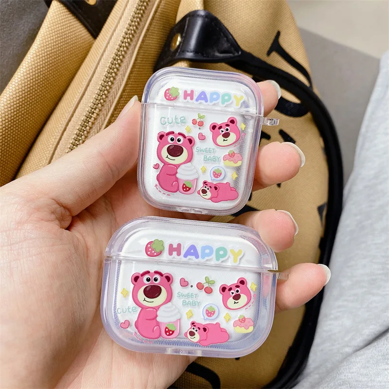 Disney Strawberry Bear Lotso for Airpods 1 2 3rd Pro 2 Earphone Case Hearphone Accessories Airpods Protect Cover With KeyChaint