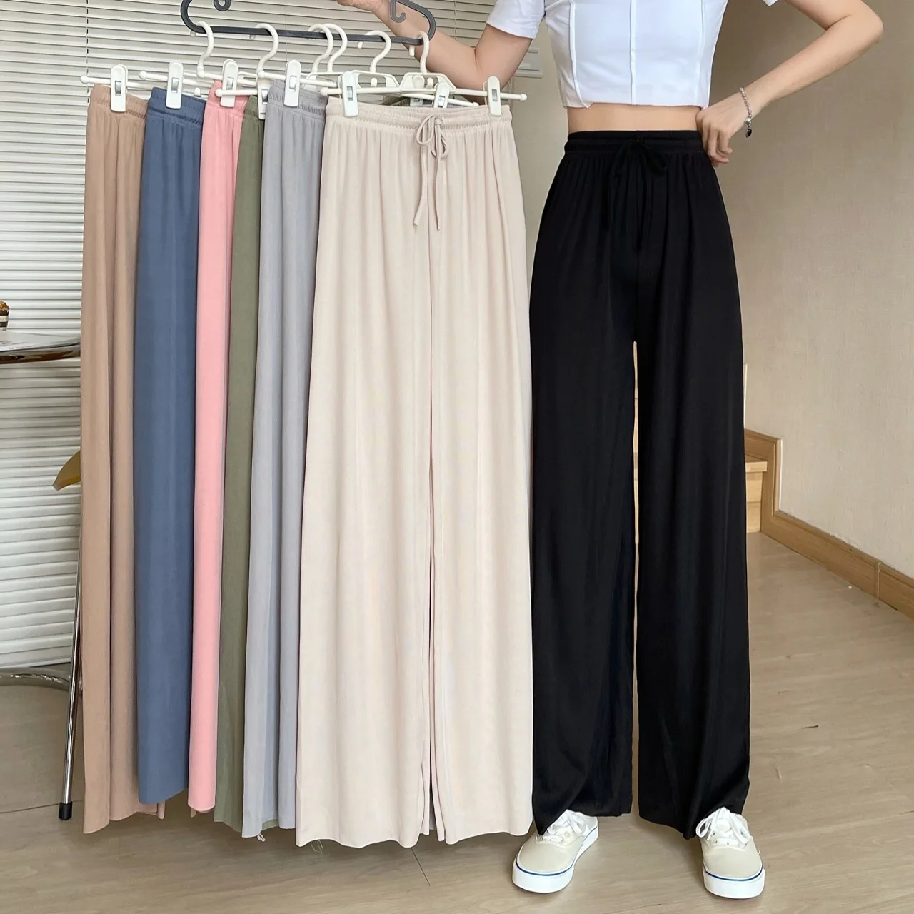 New High Waist Wide Leg Pants Summer Ice Silk Thin Draping Slim Straight Trousers Floor Sweeping Casual Long Pants Office Ladies