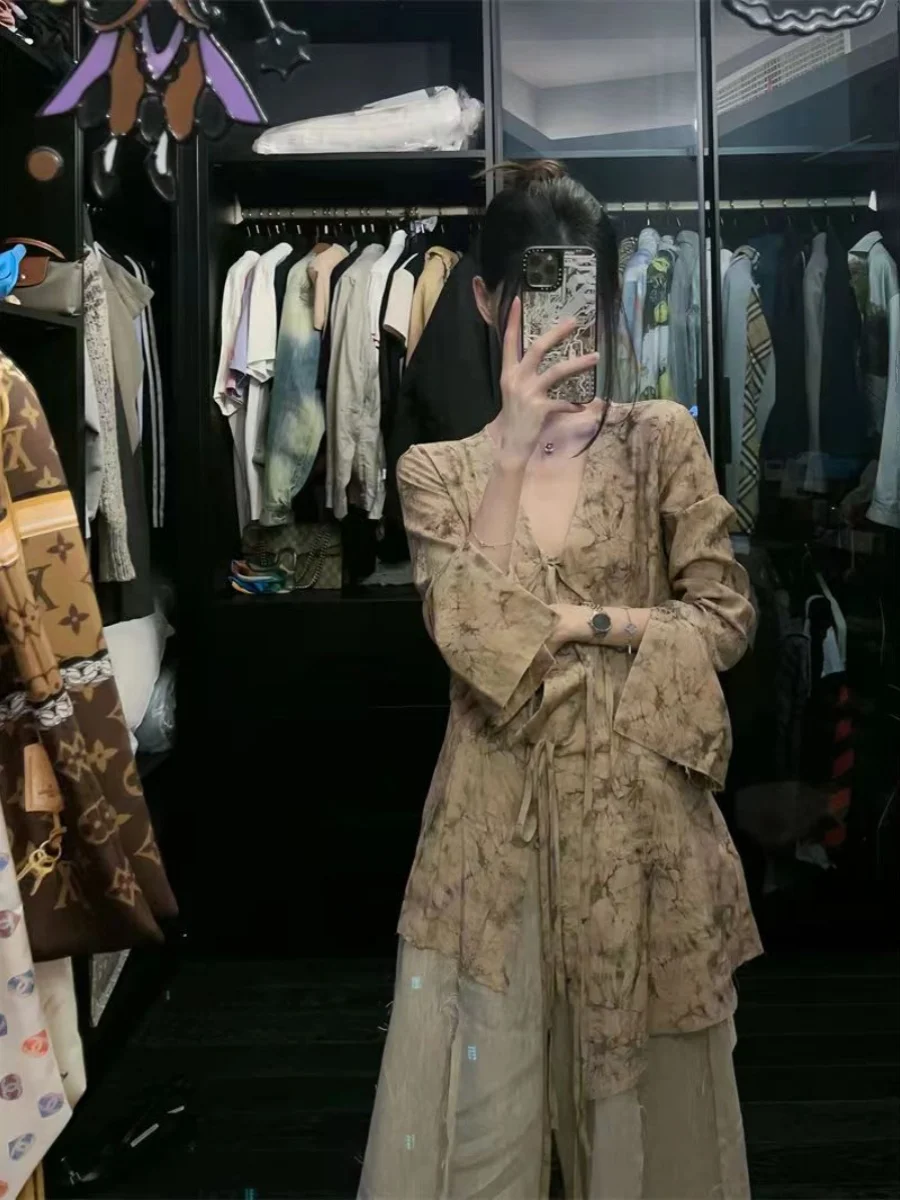 

Новая женская блузка в китайском стиле, летний топ с V-образным вырезом, асимметричный принт, из смесового хлопка и лиоцелла, с длинными рукавами