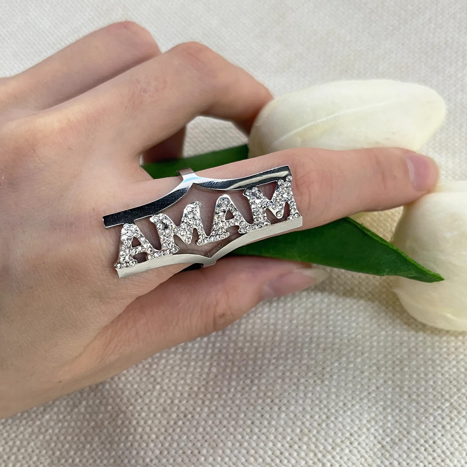 Custom Stainless Steel Double Layer Crystal Name Ring Gift For Women Jewelry Christmas Gift for Her Valentines  Hip Hop Ring