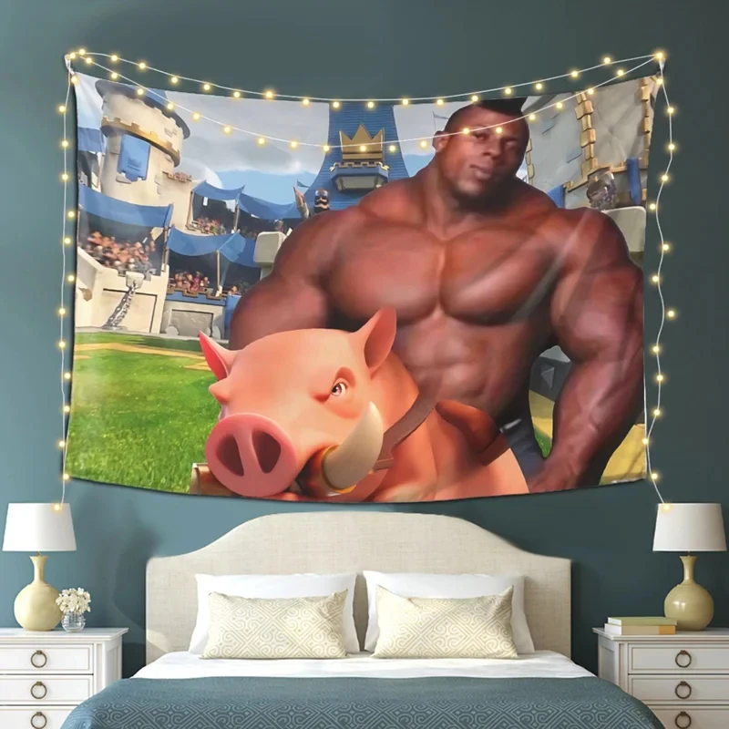VIKAMA Clash Royale Hog Rider Meme Tapestry, tapiz divertido con diseño de culturista para colgar en la pared, decoración para dormitorio, sala de estar, decoración para jugadores