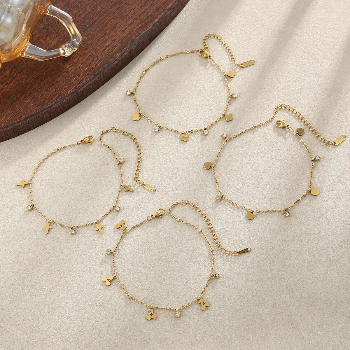 KunJoe 4 Style Dainty 18K Gold Plated Stainless Steel Anklet Women New Zircon Cherry Heart Pendant Foot Chain Waterproof Jewelry