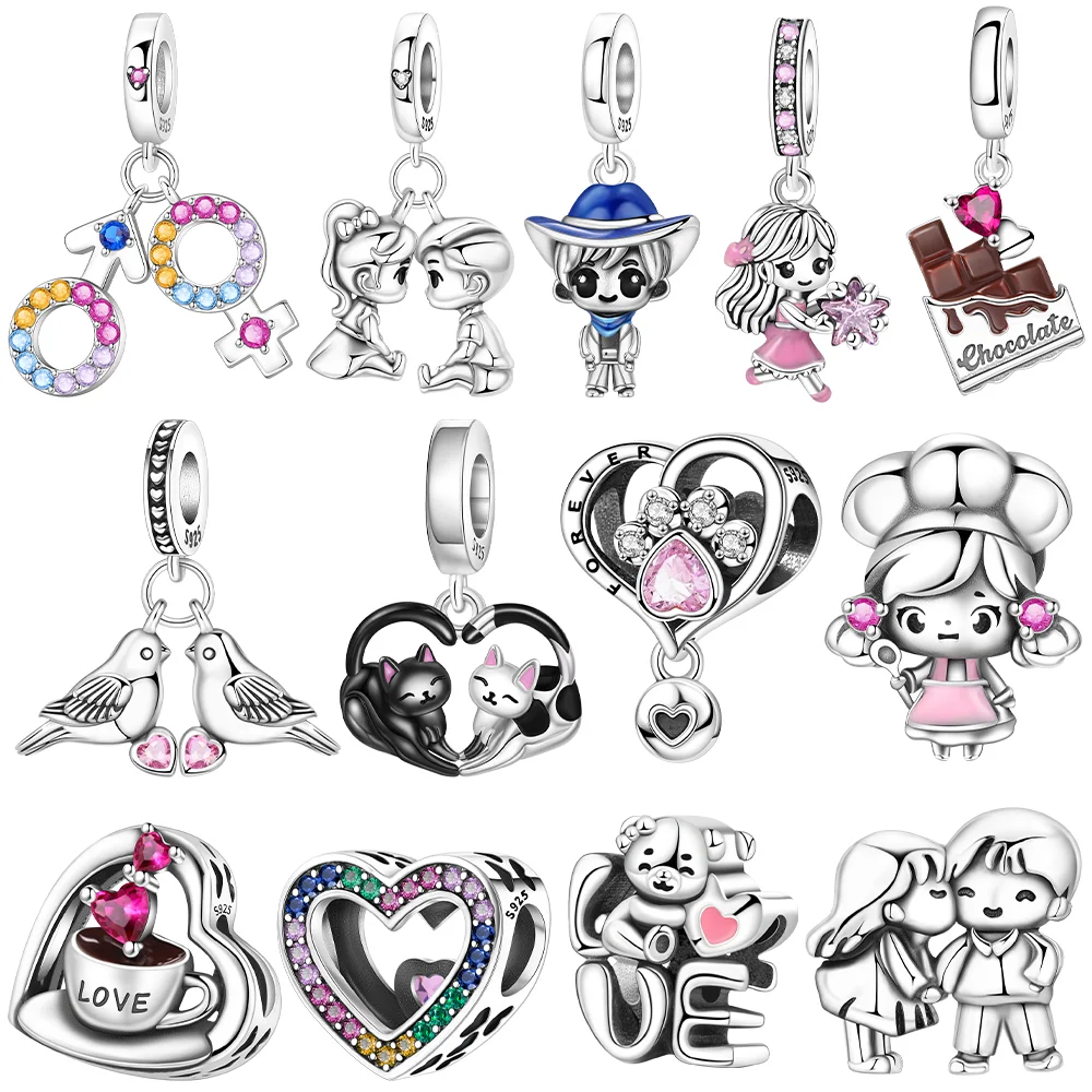 Symbol Couple Doll Chocolate Bird Cat Chef Silver Plated Beads Original Charms Fit Bracelets Bag Keychain Charms Diy Women Gift