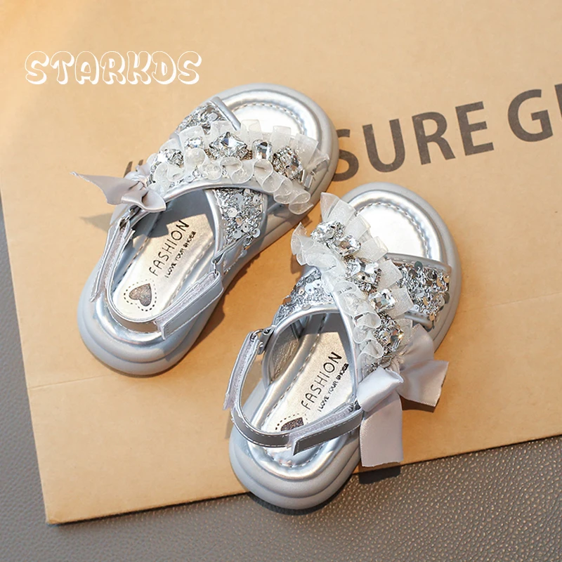 Silver Sequins Bowknot Strap Sandals Kid Girls Luxury Crystal Lace Slingbacks Child Summer Soft Sole Bling Princess Dress Shoes