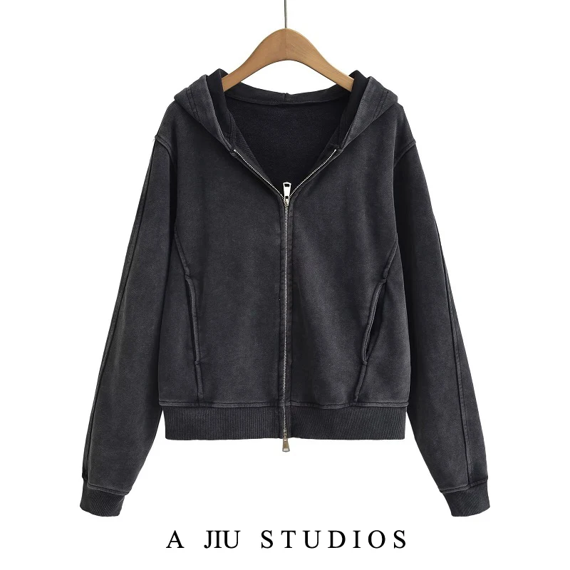 

Американская уличная толстовка на молнии с эффектом потертости, женская, свободного кроя, с длинными рукавами, уличная одежда, весна-осень, верхняя одежда