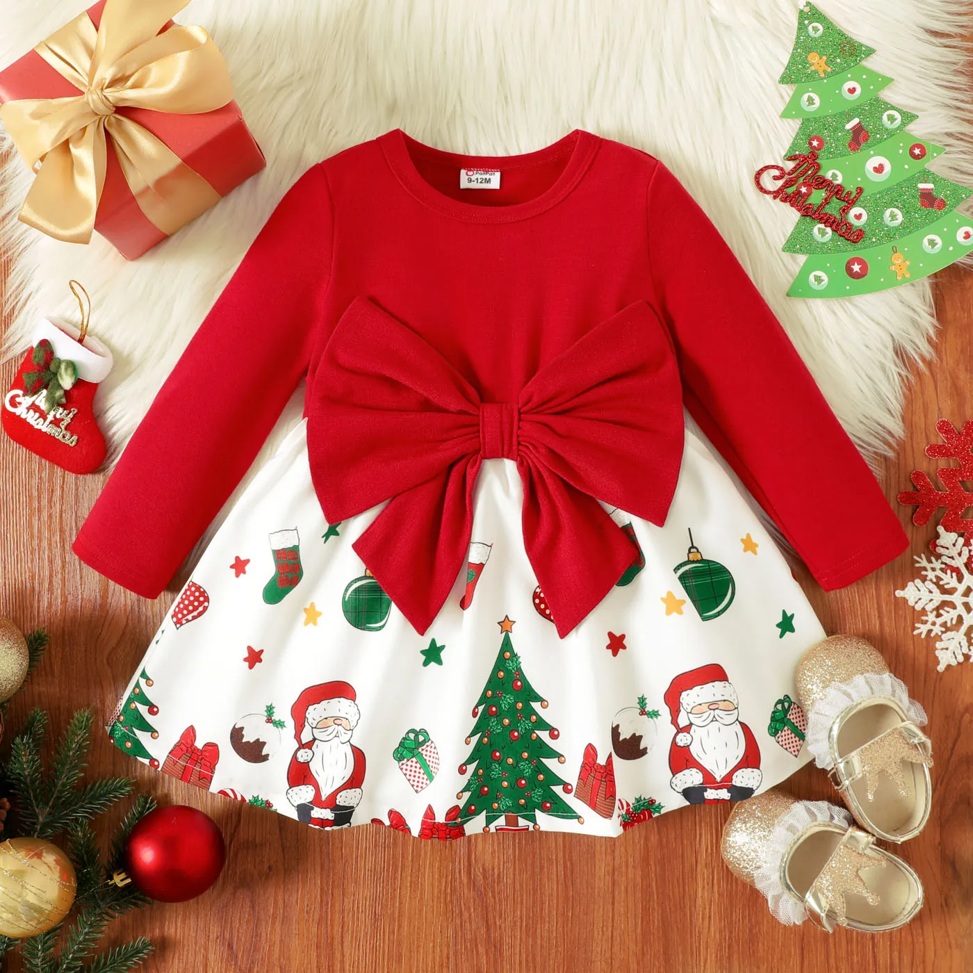 PatPat Christmas Baby Girl Bow Front Solid Long-sleeve Spliced Print Dress