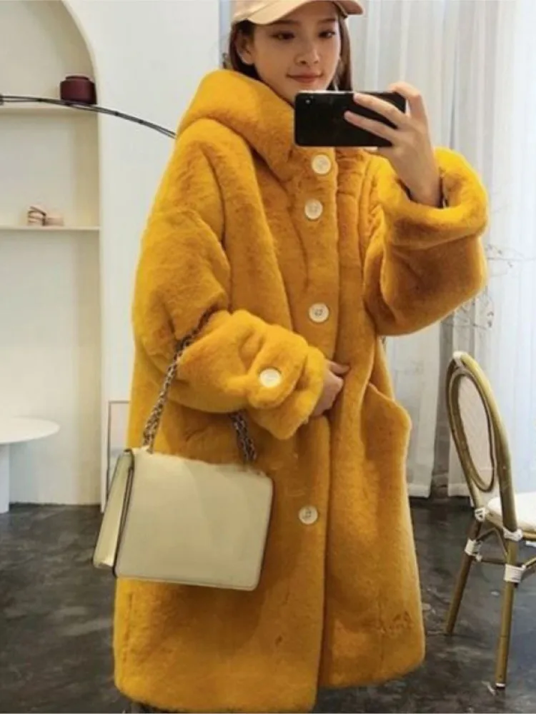 Hooded Fur Jacket Women Faux Mink Fur Coat Mid-length Long Sleeve Thick Warm Autumn Winter Clothes Elegant Single Breasted Coats