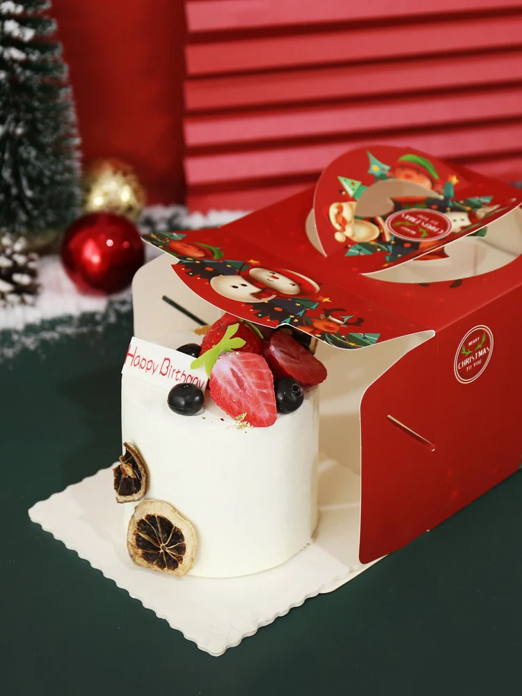 10pcs 4/6/8 Inch Christmas Cake Box New Year Party Hanmade Dessert Decoration For Home Handle Paper Boxes Santa Claus