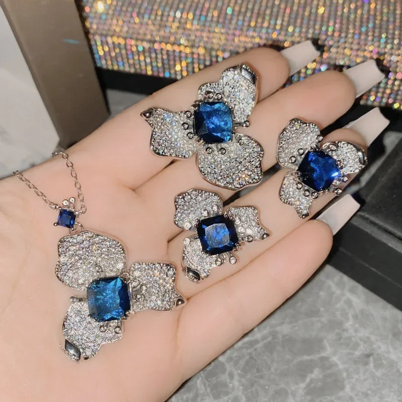 MDLFES Moiss1n الماس نمط مجوهرات مسدس مجموعة النساء مطلية بالذهب مايكرو مجموعة زركونيا الأزرق اكسيد الالمونيوم البرسيم