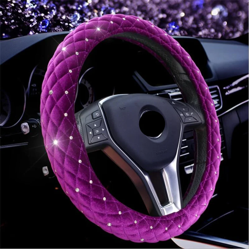 Crystal Diamond Car Steering Wheel Covers for Women Girl Plush Rhinestone covered Steering-Wheel Interior Accessories