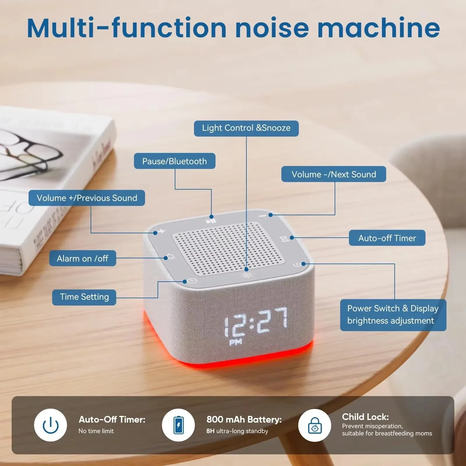 Pequenos alto-falantes Bluetooth sem fio inteligentes integrados 32 tipos de ruído branco para dormir luz noturna LED com tempo de desligamento