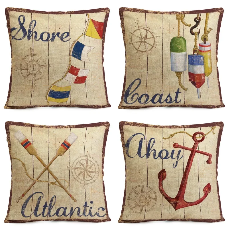 Creative Ocean Sailing Vintage Cushions Case Compass Anchor Flags Print Linen Pillows Case Retro Livingroom Sofa Decor Pillows