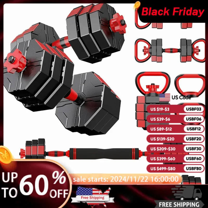 AQ4-in-1 Adjustable Dumbbell Set – Octagonal Anti-Roll Design,Non-Slip Grip,Versatile Weights with Barbell,Kettlebell,Push-Up Op