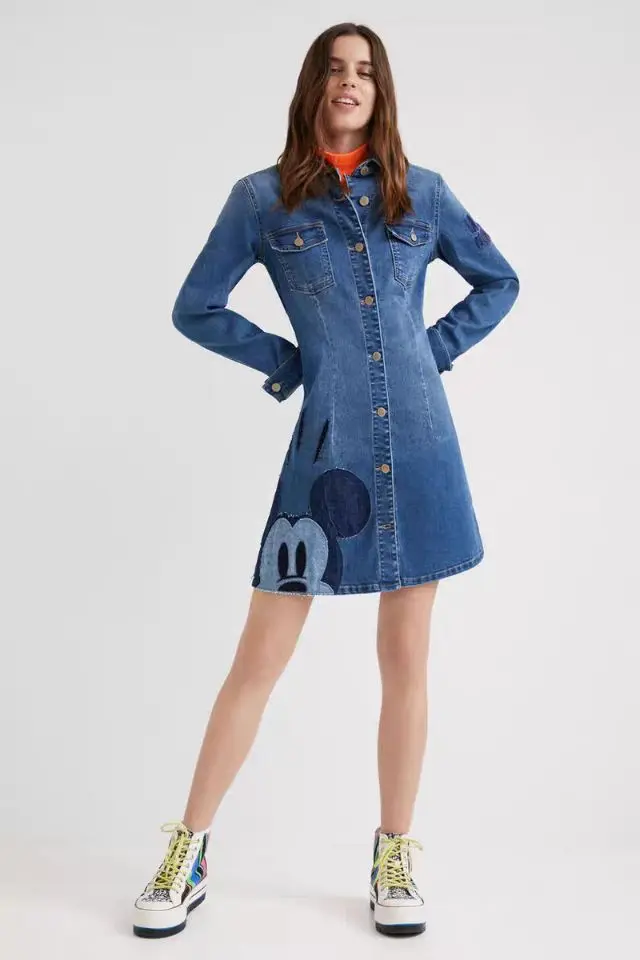 Foreign trade original single Spanish new patch elastic long sleeve denim dress