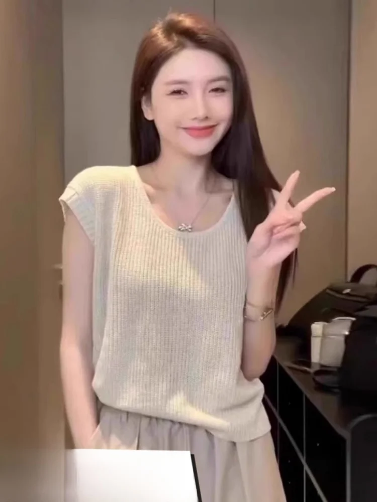 Ice Silk Knitted Short Sleeve T-Shirt Women's Summer New Design Hollow out Shoulder Bore Trendy Top Korean Style Loose Fit