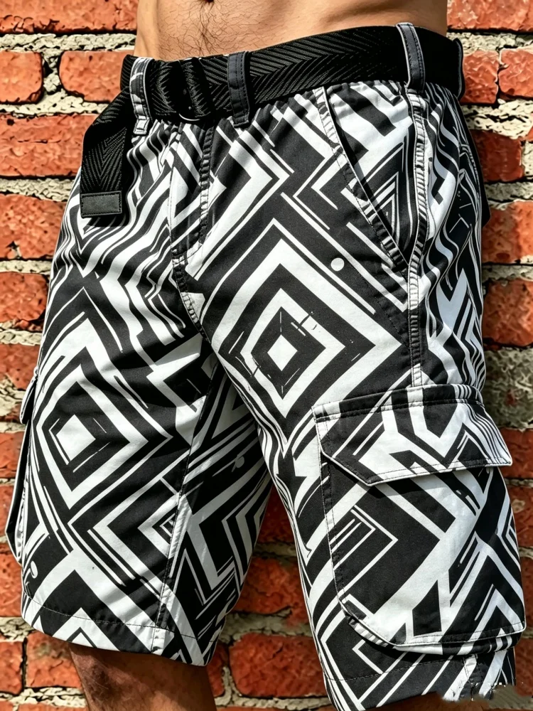 

Mens Avant-Garde Style Cargo Shorts Black White Geometric Graphic Print Loose Fit Baggy Pants with Belt Modern Art Shorts