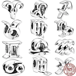 925 Sterling Silver Zodiac Bracelet Beads, doze constelações, espumante, Áries, Leão, Peixes, se Encantos Pandora Originais, Jóias Finas