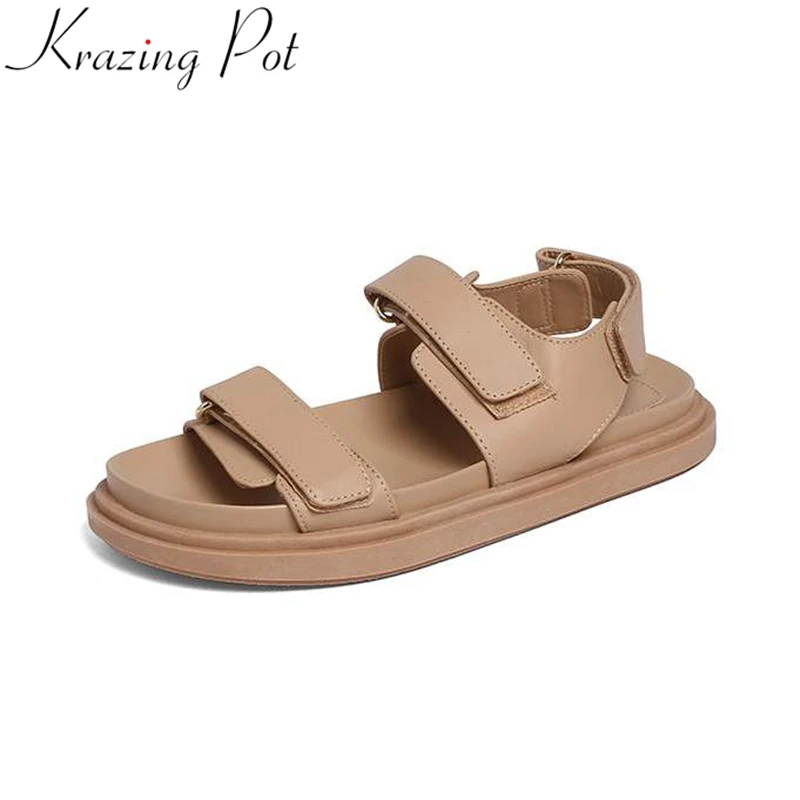 

Krazing Pot Cow Leather Leisure Sole Flat Platform Hook Loop Punk Rock Peep Toe Summer Shoes Fashion Superstar Sandals Women L50