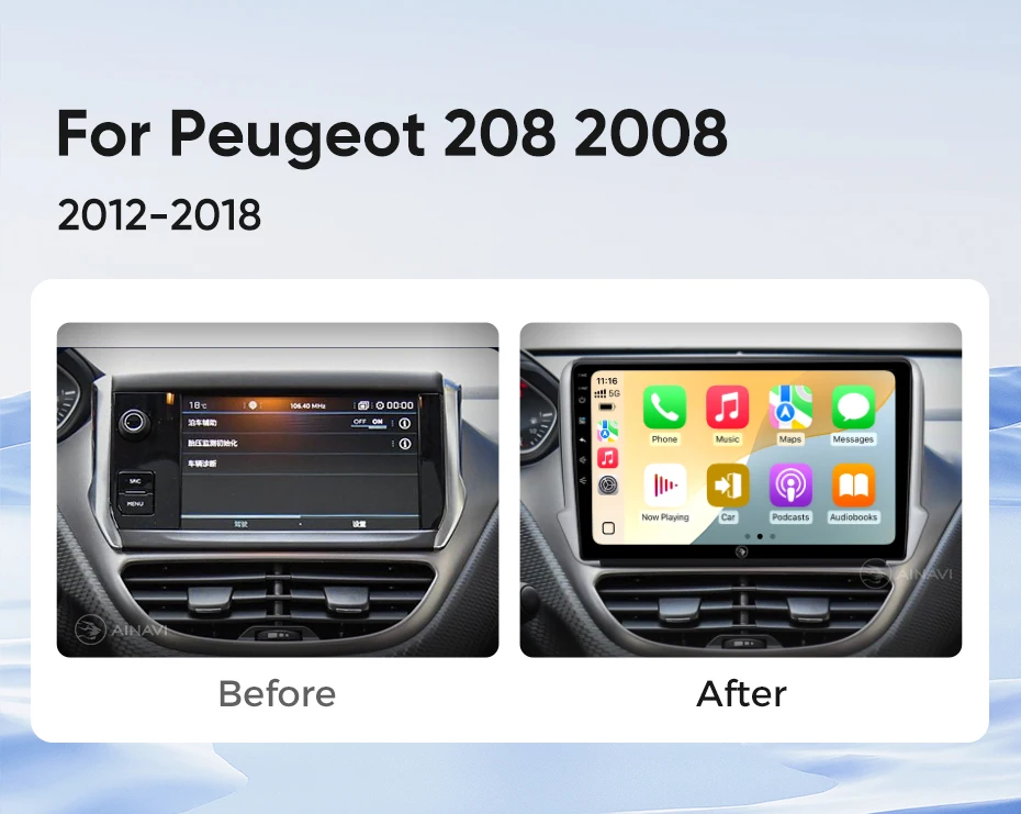 Ainavi Android Autoradio für Peugeot 208 2008 2012 2013 2014 2016 2018, kabelloses Carplay, Android Auto, 4G Auto-Multimedia-Player, GPS-Navigation, SWC, BT5.0, HD IPS, HDMI-Ausgang, MP5, FM, AM, RDS, Gyroskop, 2 DIN Autoradio – Detail 5